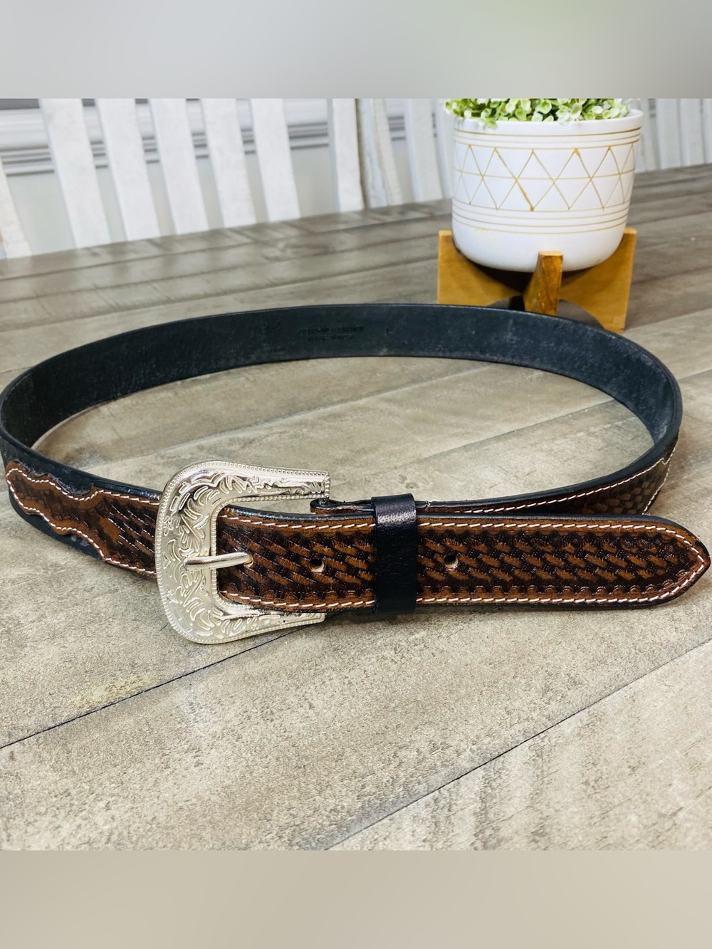 American Bison Men's Leather Western Belt Basketweave Two Tone Brown Black Sz L